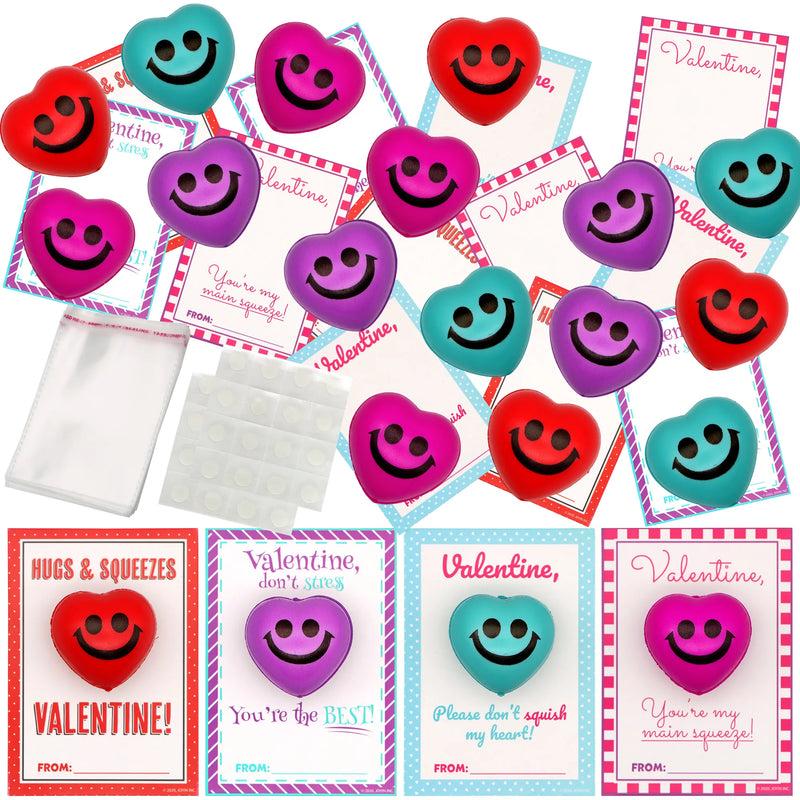 28Pcs Heart Shape Squeeze Ball with Valentines Day Cards for Kids-Classroom Exchange Gifts