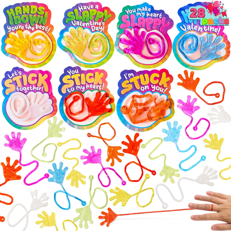 28 Pack Valentine’s Day Sticky Hands with Cards, Classroom Exchange Gift for Kids