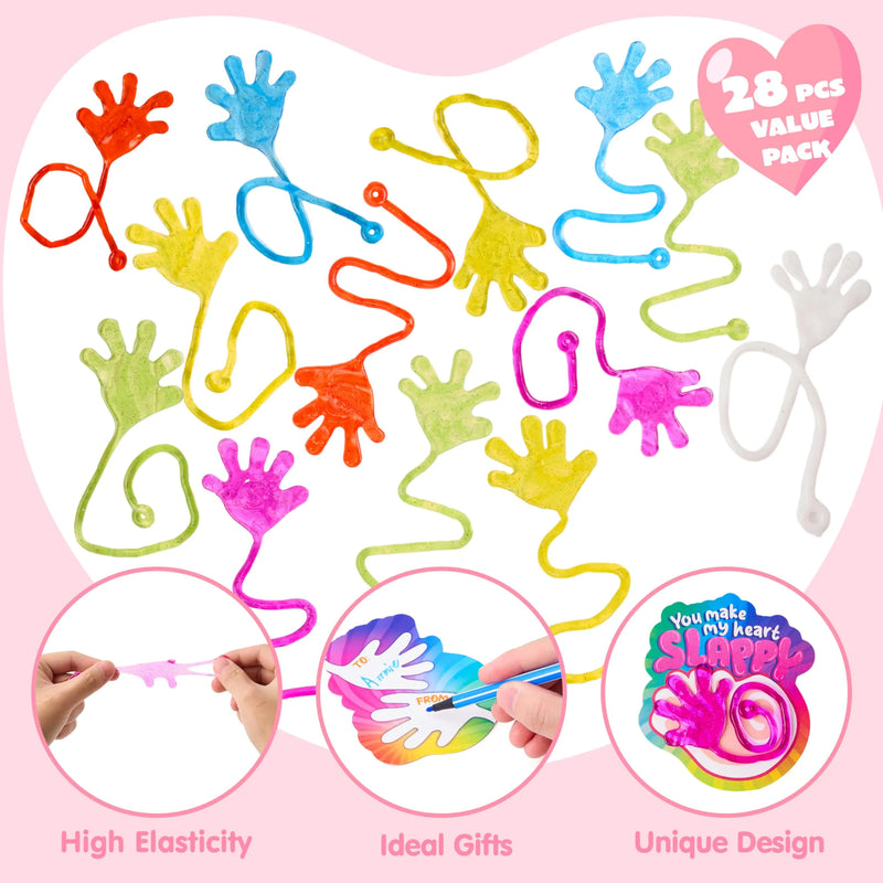 28 Pack Valentine’s Day Sticky Hands with Cards, Classroom Exchange Gift for Kids