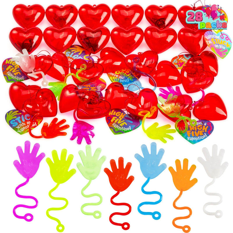 28 Pack Valentine’s Day Sticky Hands with Cards, Classroom Exchange Gift for Kids