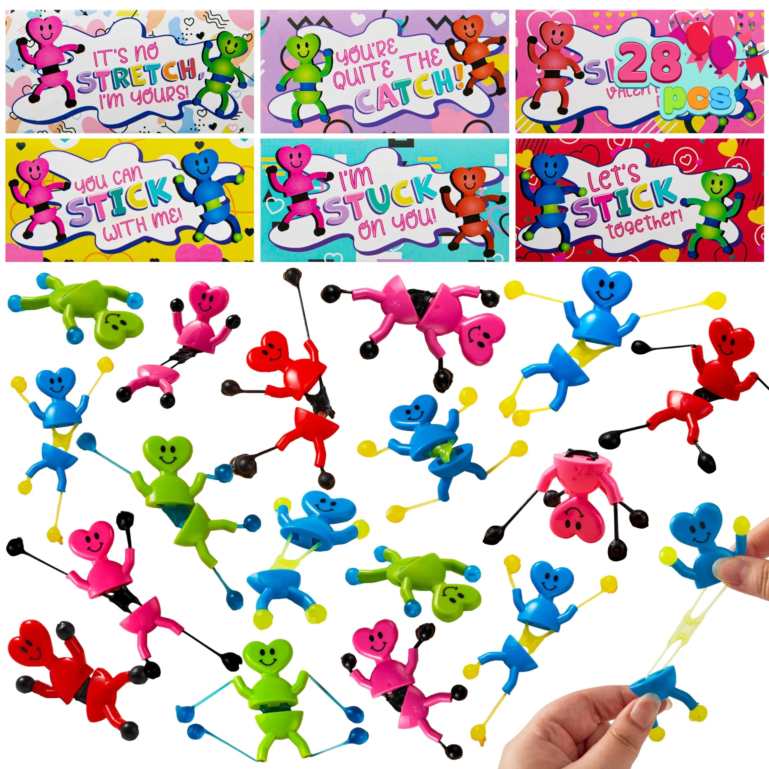 28 Pack Valentineโs Day Sticky Man Toys with Cards, Classroom Exchange