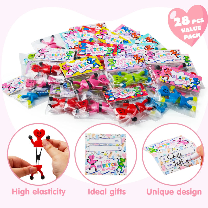 28 Pack Valentine’s Day Sticky Man Toys with Cards, Classroom Exchange Gift for Kids