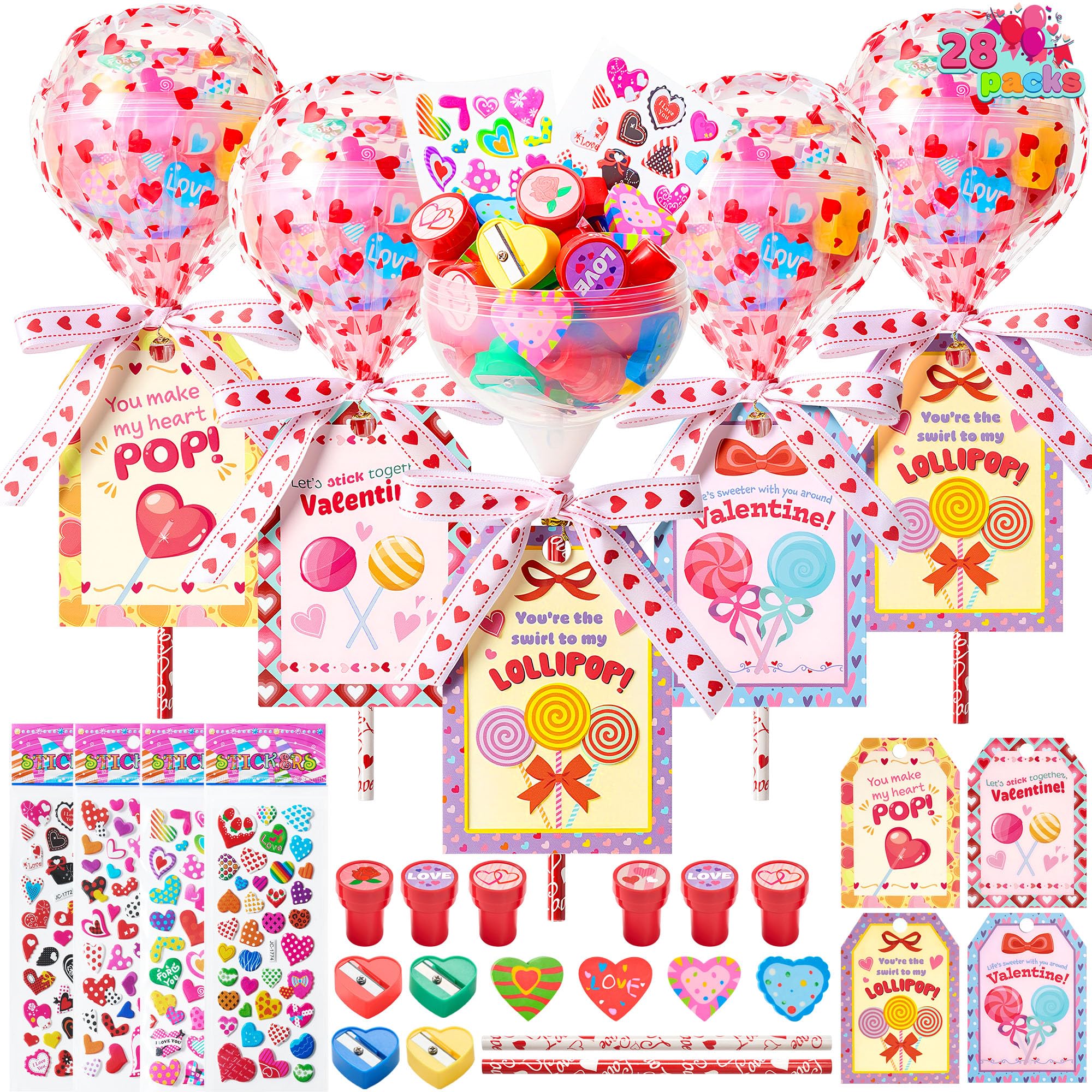 28 Packs Giant Valentine Lollipop Stationery Set with Cards, Includes