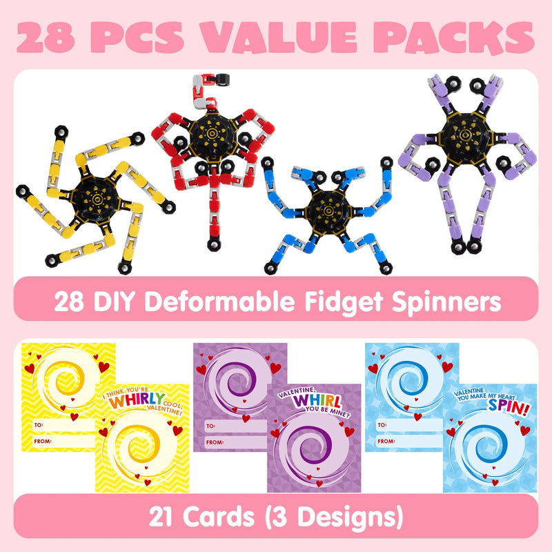 28 Packs Valentine’s Day 3-Design Gift Cards with Fidget Spinners for Kids School Exchange