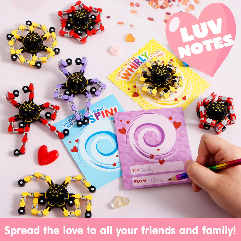 28 Packs Valentine’s Day 3-Design Gift Cards with Fidget Spinners for Kids School Exchange