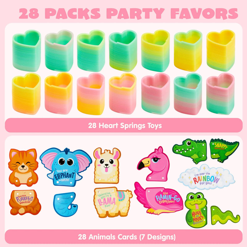 28 Packs Valentine’s Day Critter Kind Gift Cards with Colored Springs for Kids Classroom Exchange