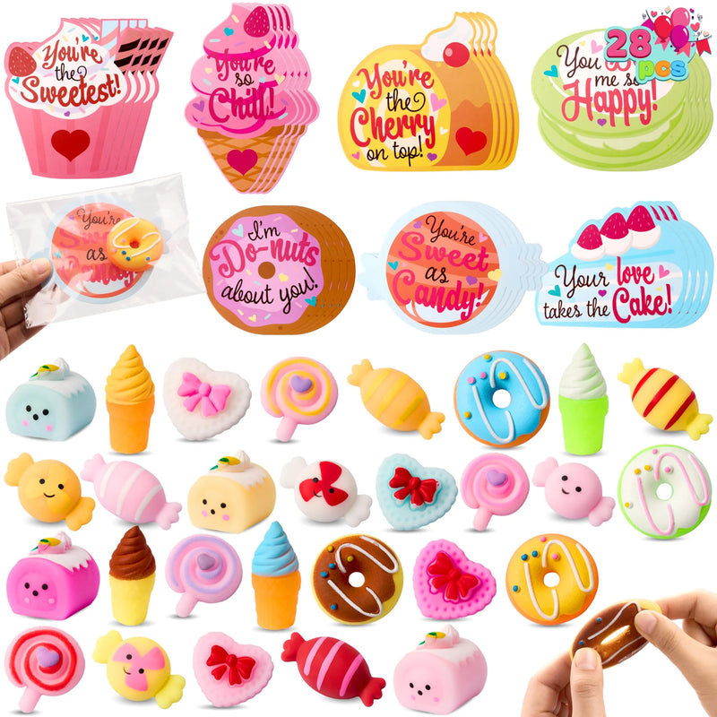 28 Packs Valentine’s Day Gift Cards with Candy Mochi Squishy Toys for Kids Classroom Gift Exchange