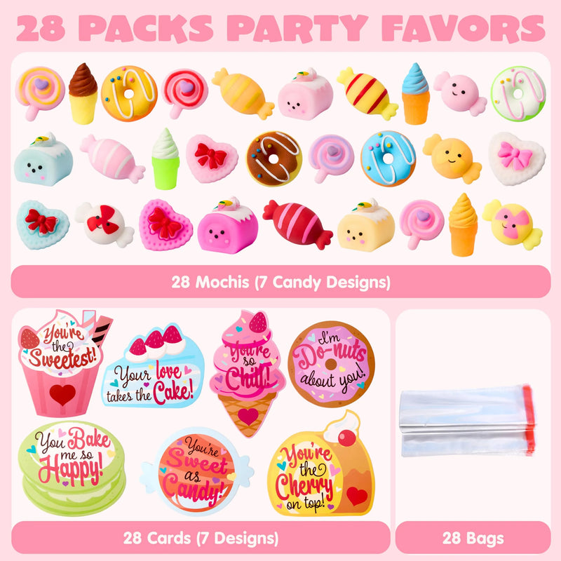 28 Packs Valentine’s Day Gift Cards with Candy Mochi Squishy Toys for Kids Classroom Gift Exchange