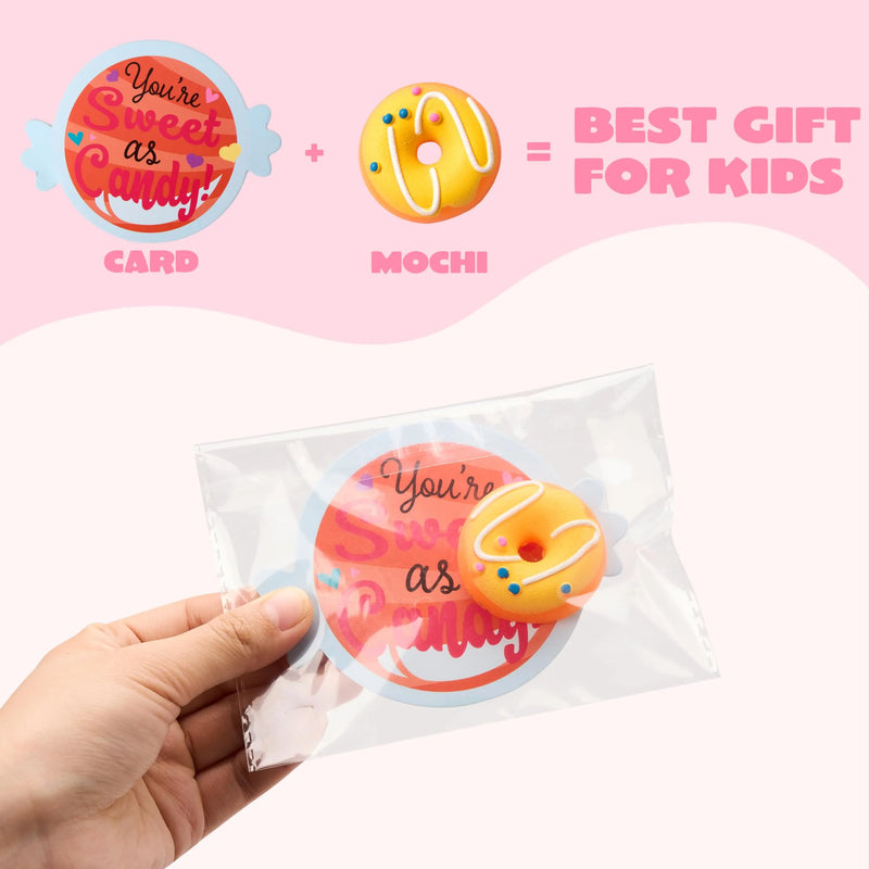 28 Packs Valentine’s Day Gift Cards with Candy Mochi Squishy Toys for Kids Classroom Gift Exchange