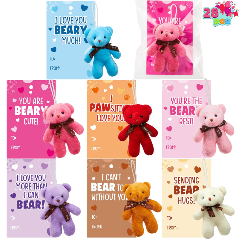 28 Packs Valentine’s Day Gift Cards with Mini Bears Plush Toy for Kids Classroom School Exchange