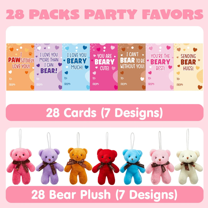 28 Packs Valentine’s Day Gift Cards with Mini Bears Plush Toy for Kids Classroom School Exchange