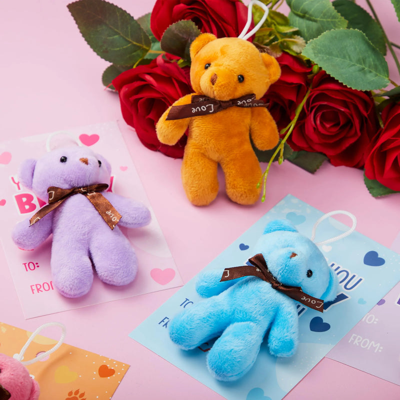 28 Packs Valentine’s Day Gift Cards with Mini Bears Plush Toy for Kids Classroom School Exchange