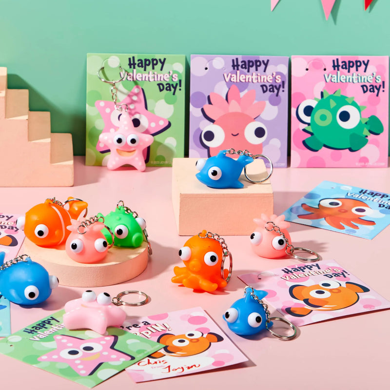 28 Packs Valentine’s Day Gift Cards with Sea Animal Unzip Popping Eyes Keychains