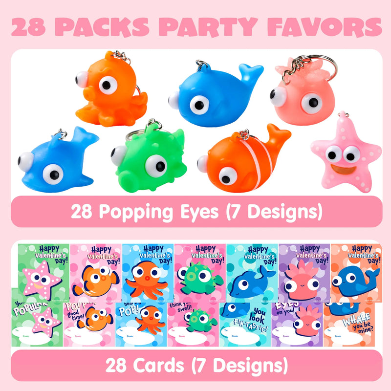28 Packs Valentine’s Day Gift Cards with Sea Animal Unzip Popping Eyes Keychains