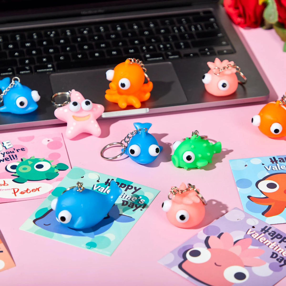 28 Packs Valentine's Day Gift Cards with Sea Animal Unzip Popping Eyes
