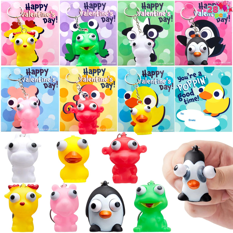 28 Packs Valentine’s Day Gift Card with Unzip Popping Eyes Animal Keychains for Classroom Exchange Prizes