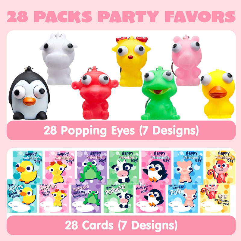 28 Packs Valentine’s Day Gift Card with Unzip Popping Eyes Animal Keychains for Classroom Exchange Prizes