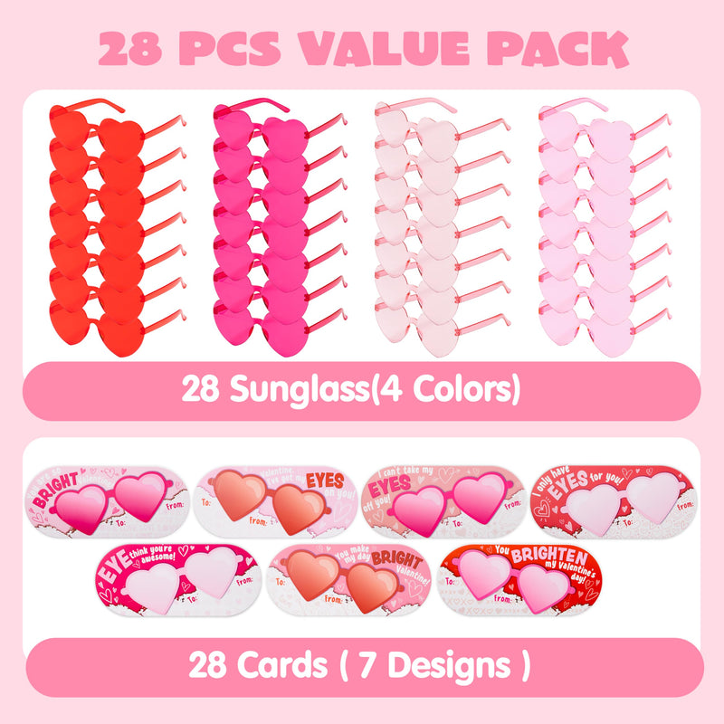 28 Packs Valentine’s Day Heart Shaped Sunglasses with Cards, Classroom Exchange Gift for Kids