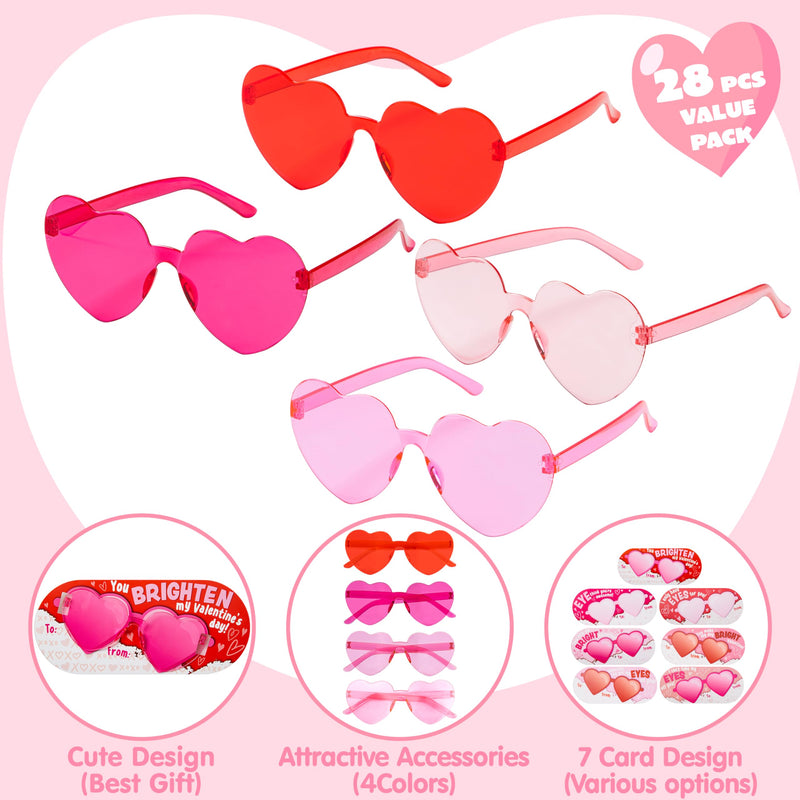 28 Packs Valentine’s Day Heart Shaped Sunglasses with Cards, Classroom Exchange Gift for Kids