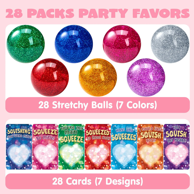 28 Packs Valentine’s Day Stretchy Balls with Cards, Classroom Exchange Gift for Kids