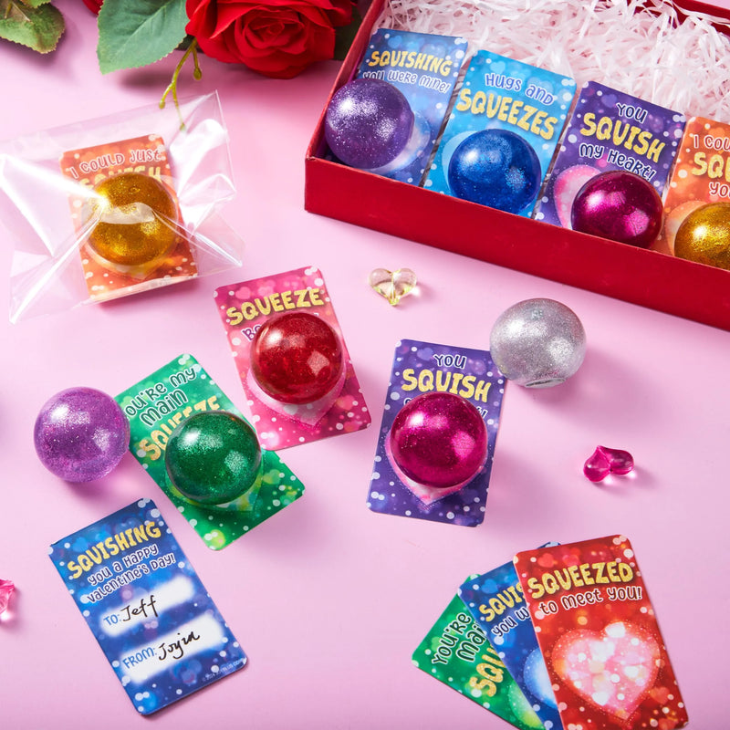 28 Packs Valentine’s Day Stretchy Balls with Cards, Classroom Exchange Gift for Kids