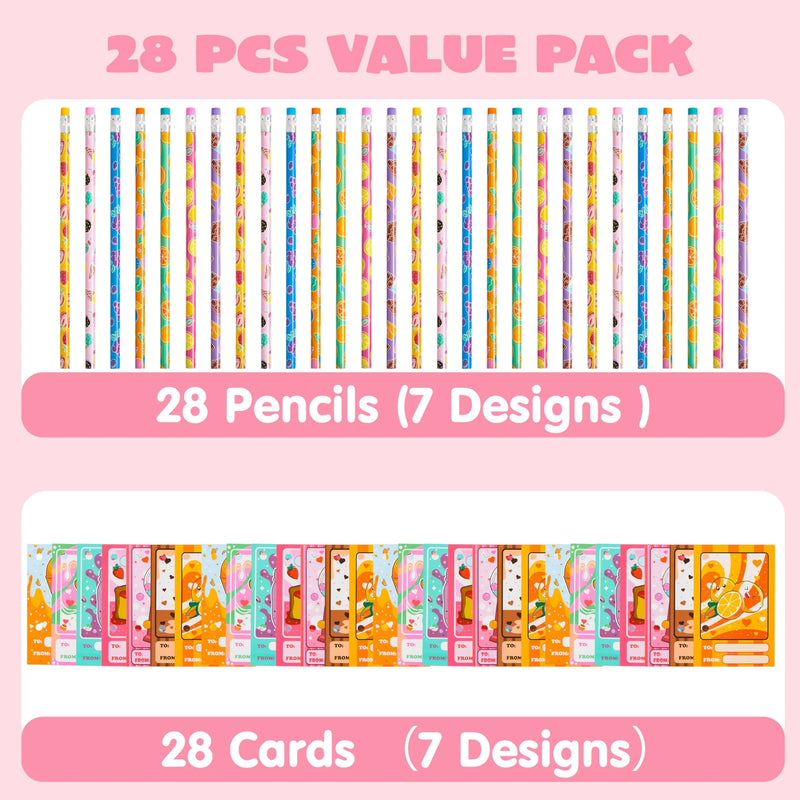28 Packs Valentines Day Cards with Pencils for Kids-Classroom Exchange Gifts