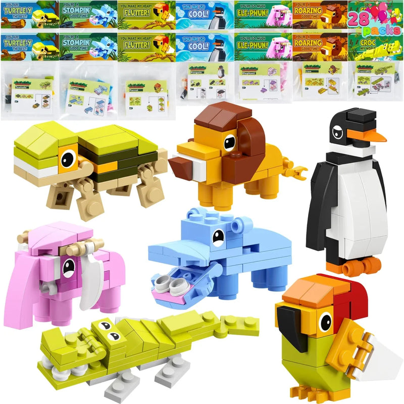 28Pcs Animal Building Blocks with Kids Valentines Cards