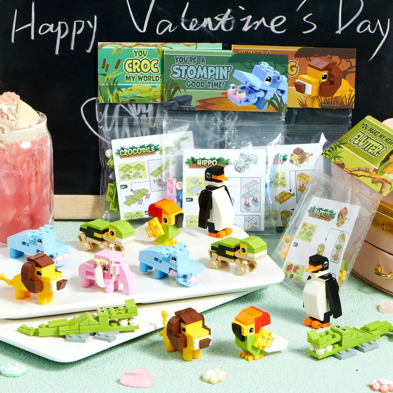 28Pcs Animal Building Blocks with Kids Valentines Cards