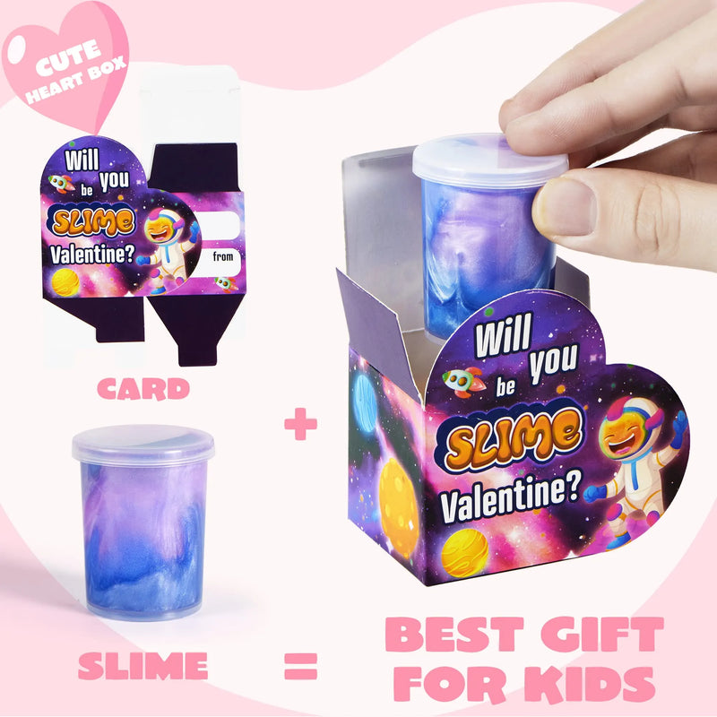 28Pcs Cosmic Realm Valentine Slime in Boxes with Kids Valentines Cards