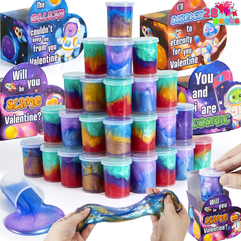 28Pcs Cosmic Realm Valentine Slime in Boxes with Kids Valentines Cards