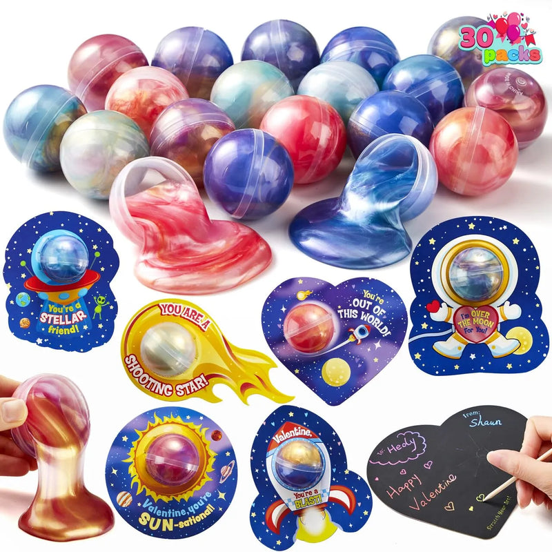 30Pcs Cosmic Realm Valentine Slime with Kids Valentines Cards