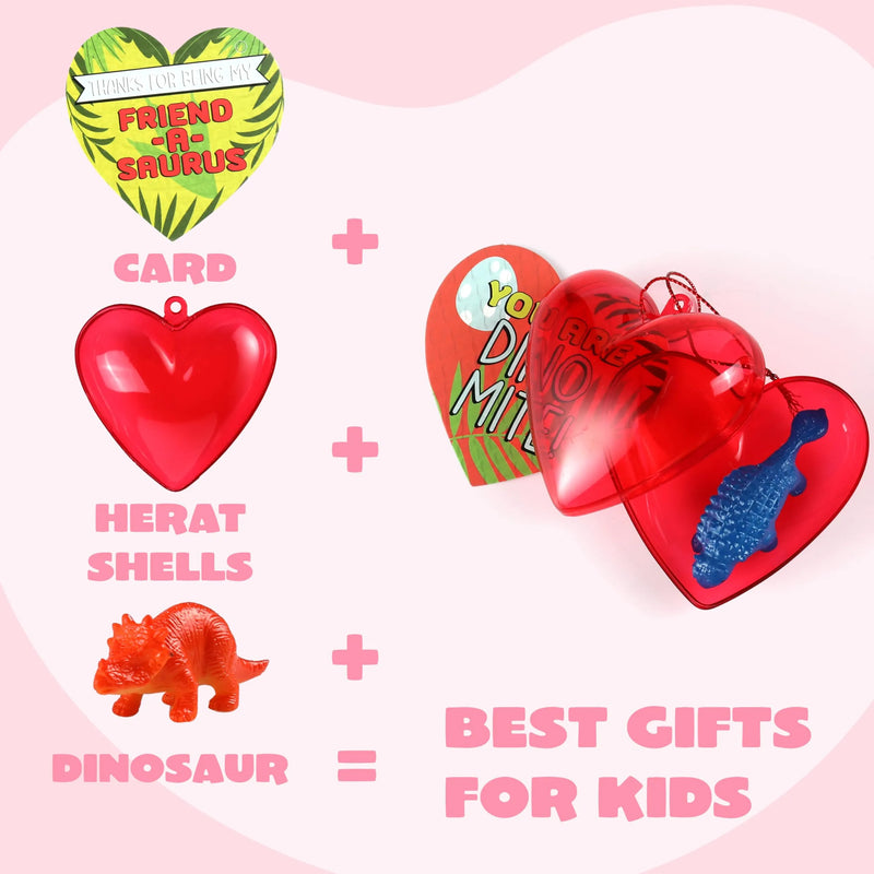 28Pcs Dinosaur Toys Figures Filled Hearts with Valentines Day Cards for Kids-Classroom Exchange Gifts
