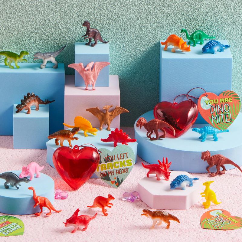 28Pcs Dinosaur Toys Figures Filled Hearts with Valentines Day Cards for Kids-Classroom Exchange Gifts