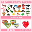 28Pcs Dinosaur Toys Figures Filled Hearts with Valentines Day Cards for Kids-Classroom Exchange Gifts