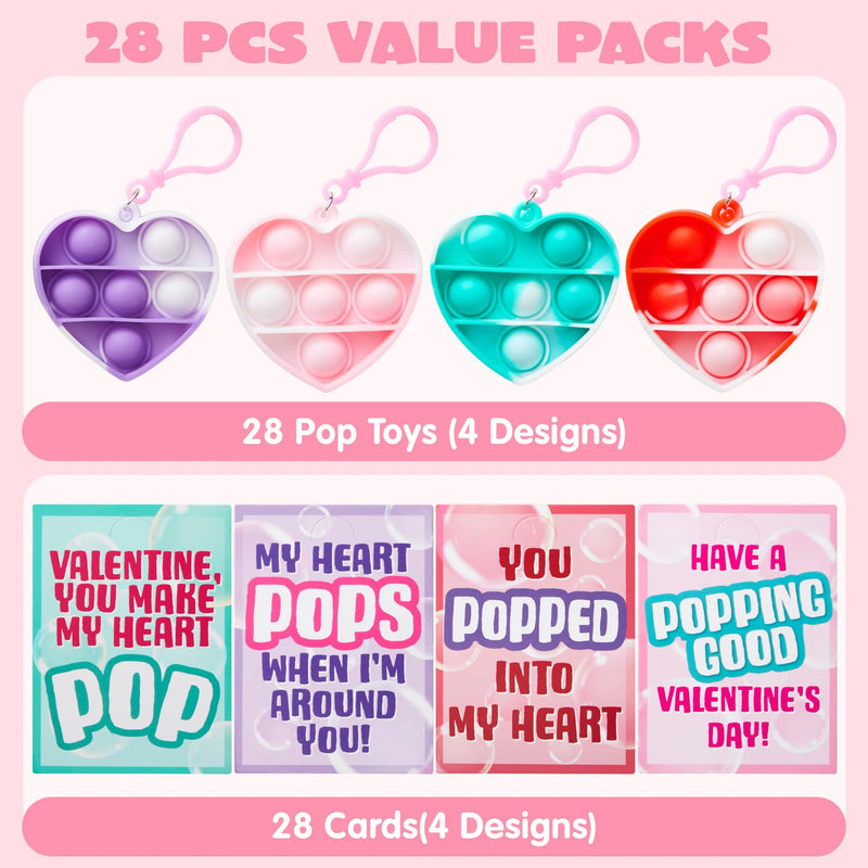 28Pcs Heart Shape push bubble with Valentines Day Cards for Kids-Classroom Exchange Gifts