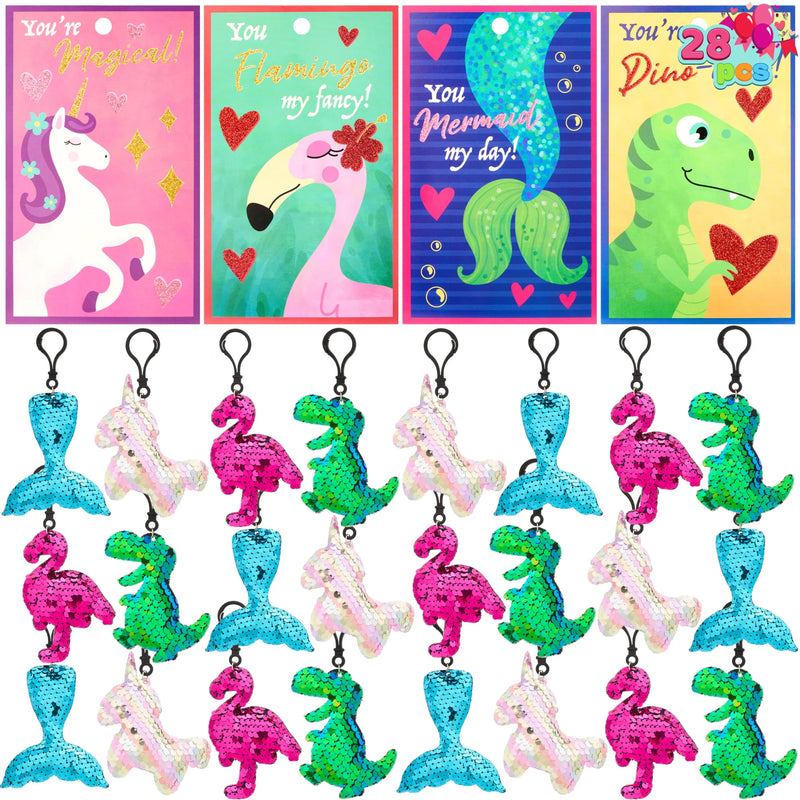 28Pcs Kids Valentines Cards With Glitter Flip Sequin Keychain-Classroom Exchange Gifts