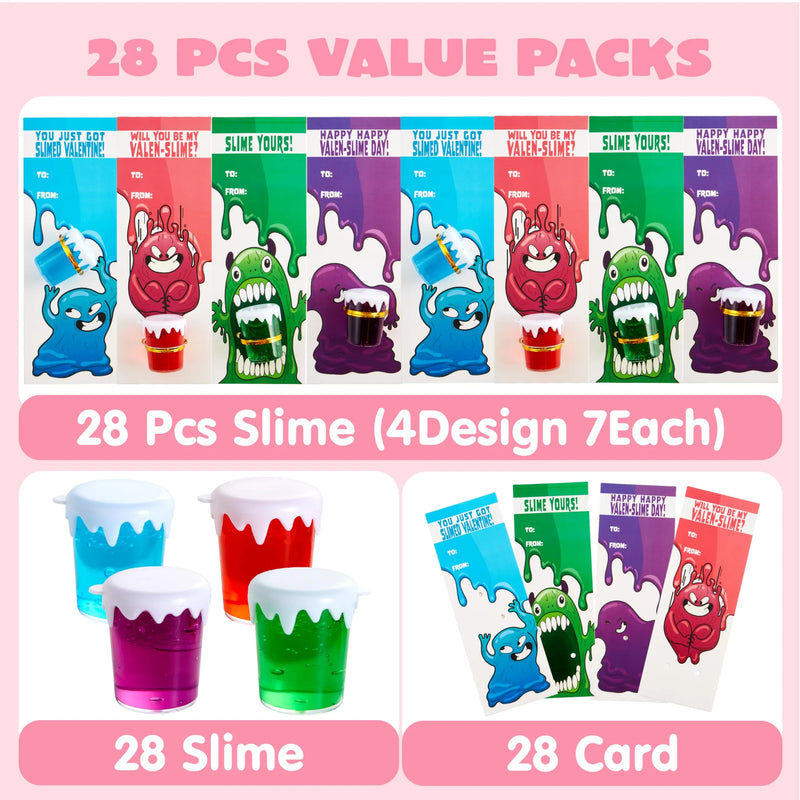 28Pcs Kids Valentines Cards for Kids with Slime Toy-Classroom Exchange Gifts