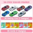 28Pcs Kids Valentines Cards with Die-Cast Racing Cars-Classroom Exchange Gifts