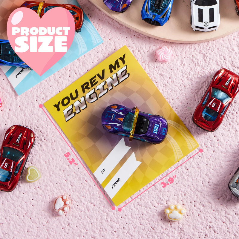 28Pcs Kids Valentines Cards with Die-Cast Racing Cars-Classroom Exchange Gifts