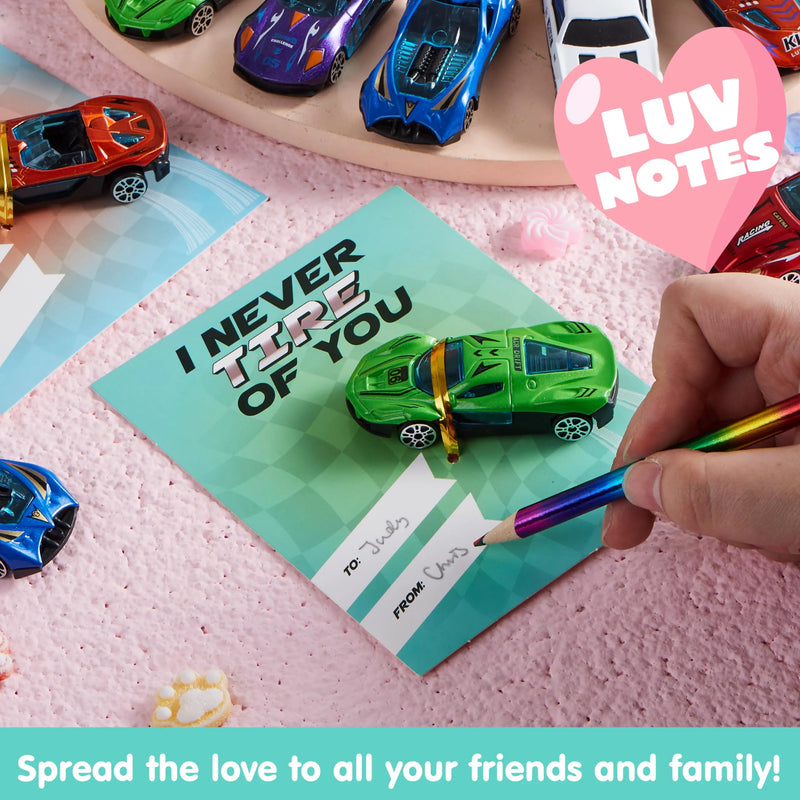 28Pcs Kids Valentines Cards with Die-Cast Racing Cars-Classroom Exchange Gifts