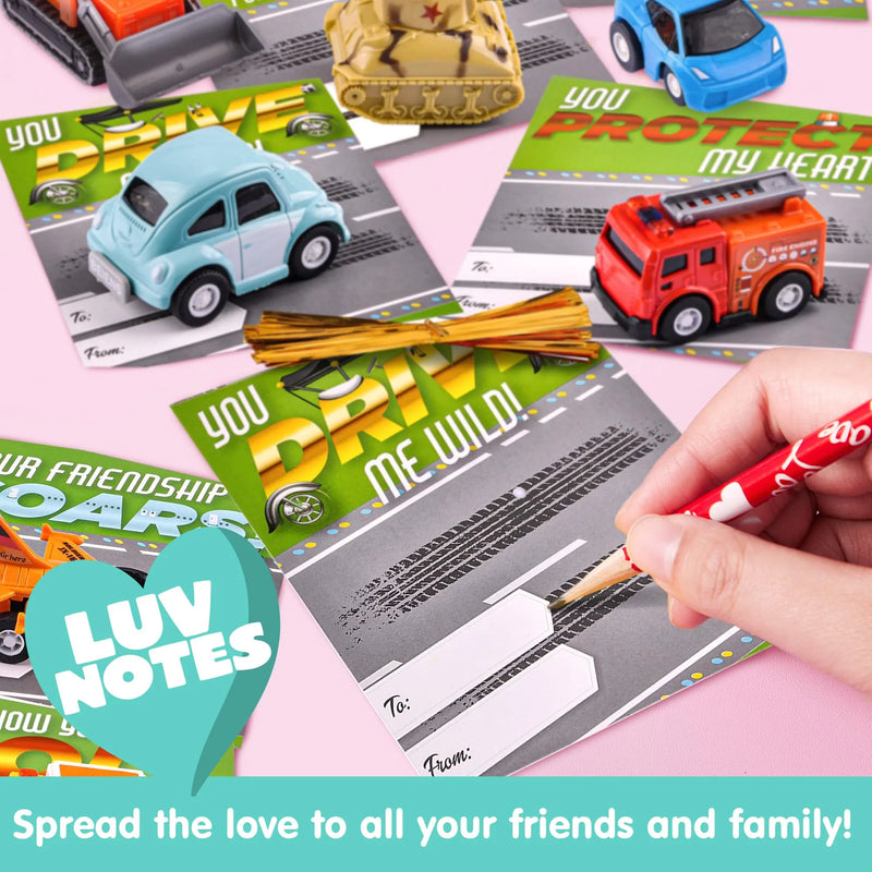 28Pcs Kids Valentines Cards with Pull Back Car Vehicle Toys-Classroom Exchange Gifts