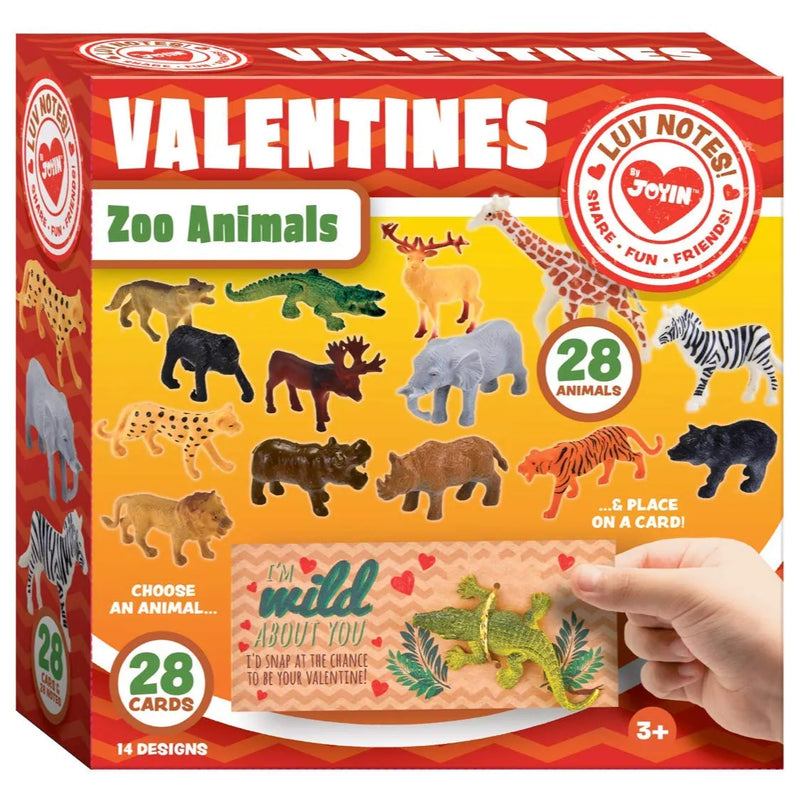 28Pcs Kids Valentines Cards with Zoo Animals Figures-Classroom Exchange Gifts