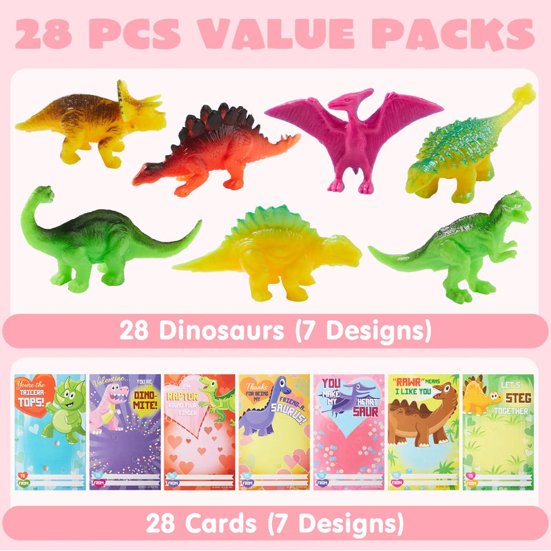 28Pcs Kids Valentines Day Card with Dinosaur Figure Toys-Classroom Exchange Gifts