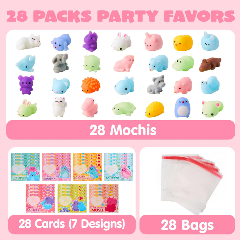 28Pcs Squishy Toys with with Valentines Day Cards for Kids-Classroom Exchange Gifts