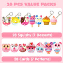 28Pcs Dessert Squishy Toys Keychains with Kids Valentines Cards
