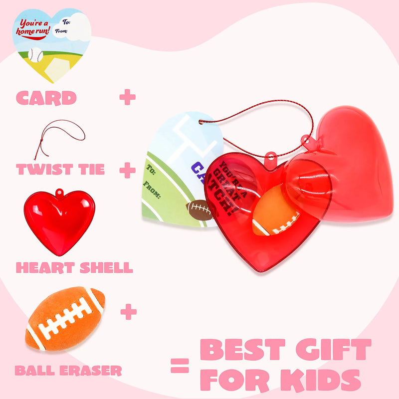 28Pcs Sports Balls Eraser Filled Hearts Set with Valentines Day Cards for Kids-Classroom Exchange Gifts