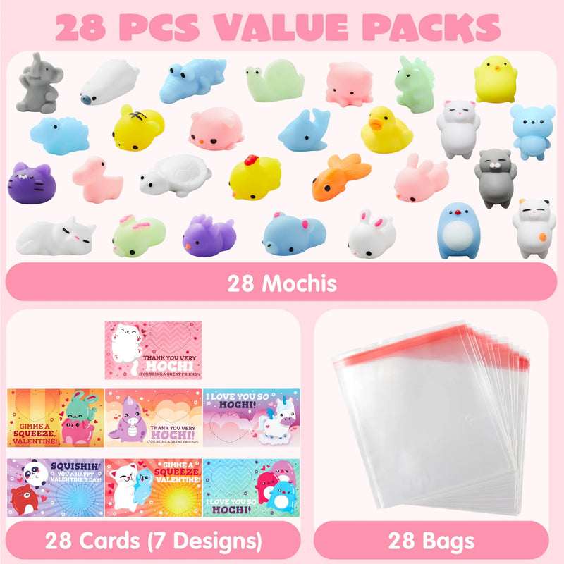28Pcs Squishy Toys with Valentines Day Cards for Kids-Classroom Exchange Gifts