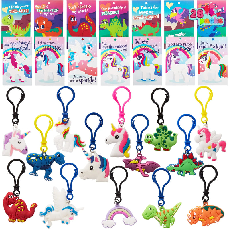 28Pcs Unicorn and Dinosaur Keychain with Kids Valentines Cards