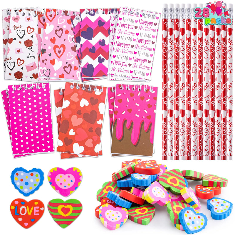 28Pcs Valentines Themed Notepad, Pencil and Eraser Set for Kids