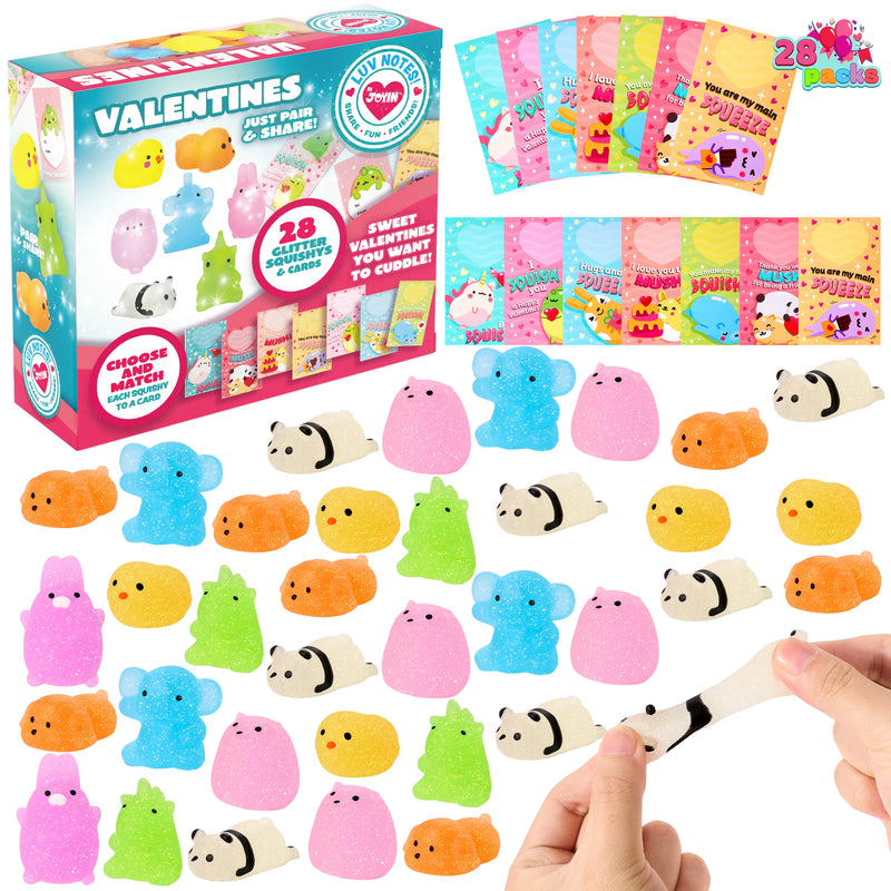 28Pcs Glitter Mochi Squishy Toys with Kids Valentines Cards for Classroom Exchange